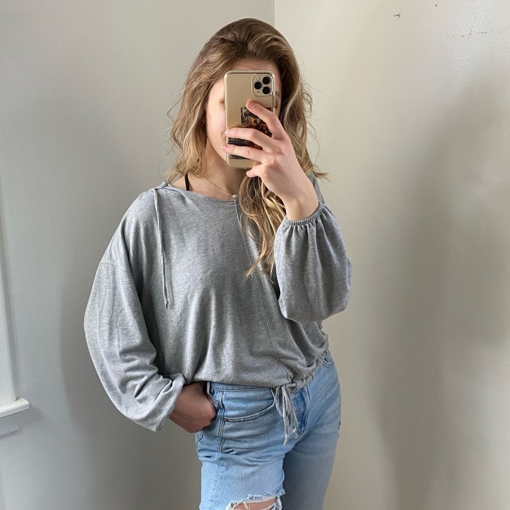 Aerie Grey Slouchy Hooded Sweatshirt Cinch Waist XS
